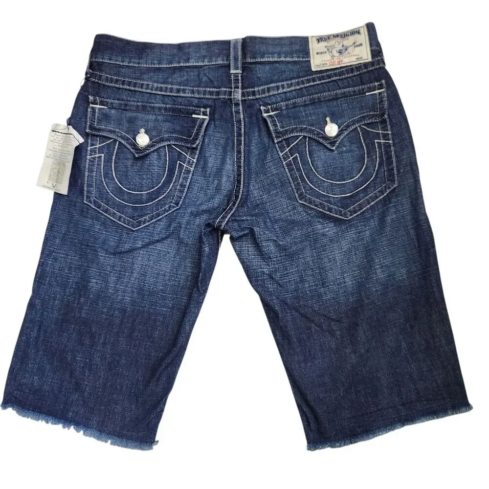 True Religion NWT 36 Denim Cut Off Shorts Raw Hem Flap Pockets Streetwear Y2K